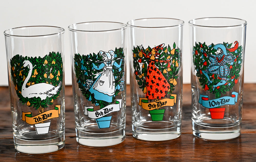 colorful Indiana Glass 12 Days of Christmas highball glasses