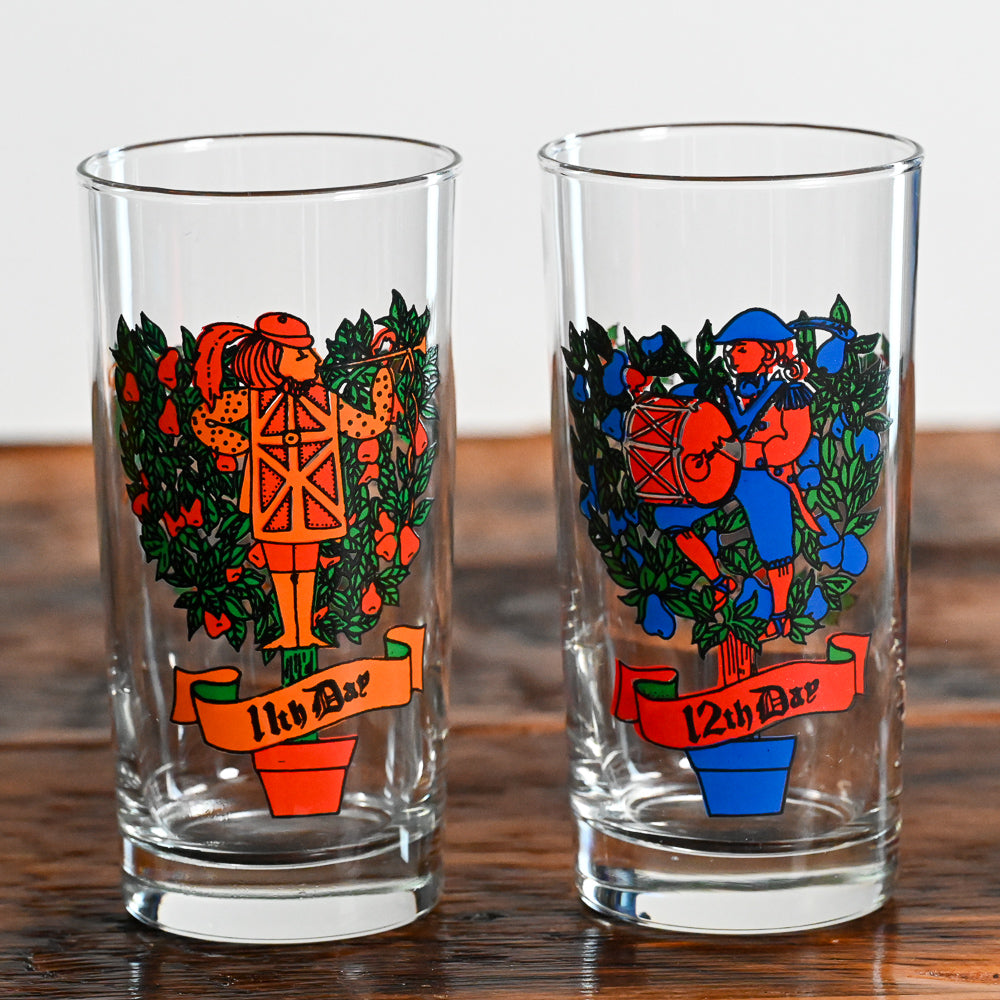 colorful Indiana Glass 12 Days of Christmas highball glasses