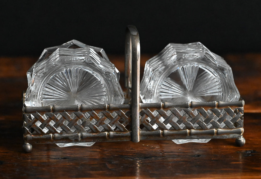 clear glass coasters in metal carrier