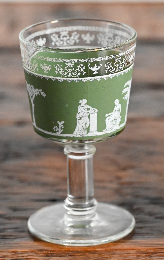 green Jeannette Glass Hellenic cordial glasses