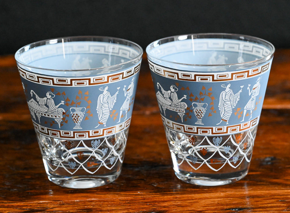 blue, white and gold etruscan frieze print Cera Glass Double Old Fashioned glasses