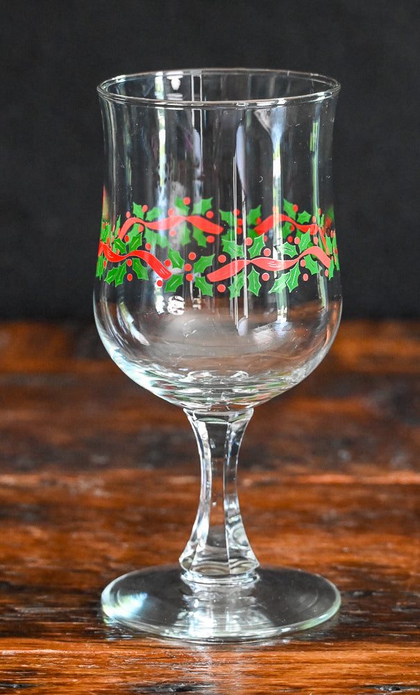 Arby's green holly and red ribbon print goblets
