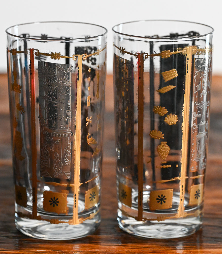 Culver Asian print gold and silver highball glasses