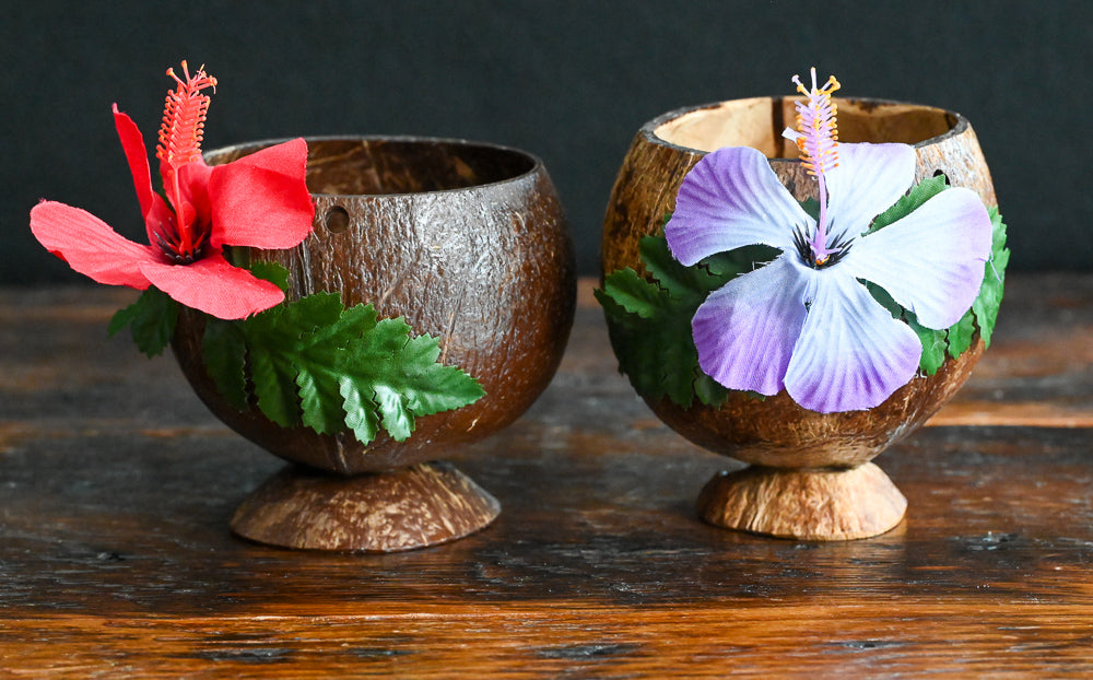 coconut shell cup with flowers