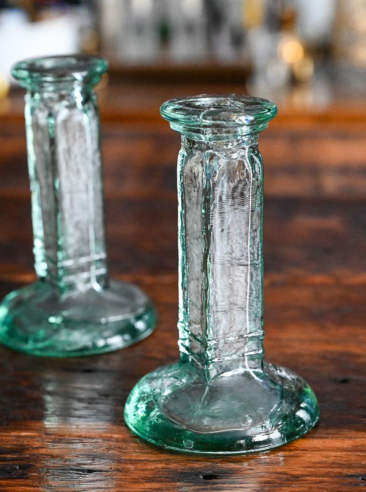 blue glass tall candlesticks