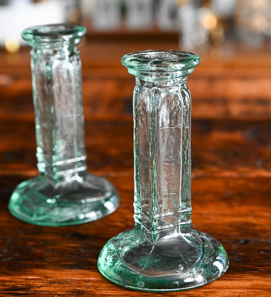 blue glass tall candlesticks
