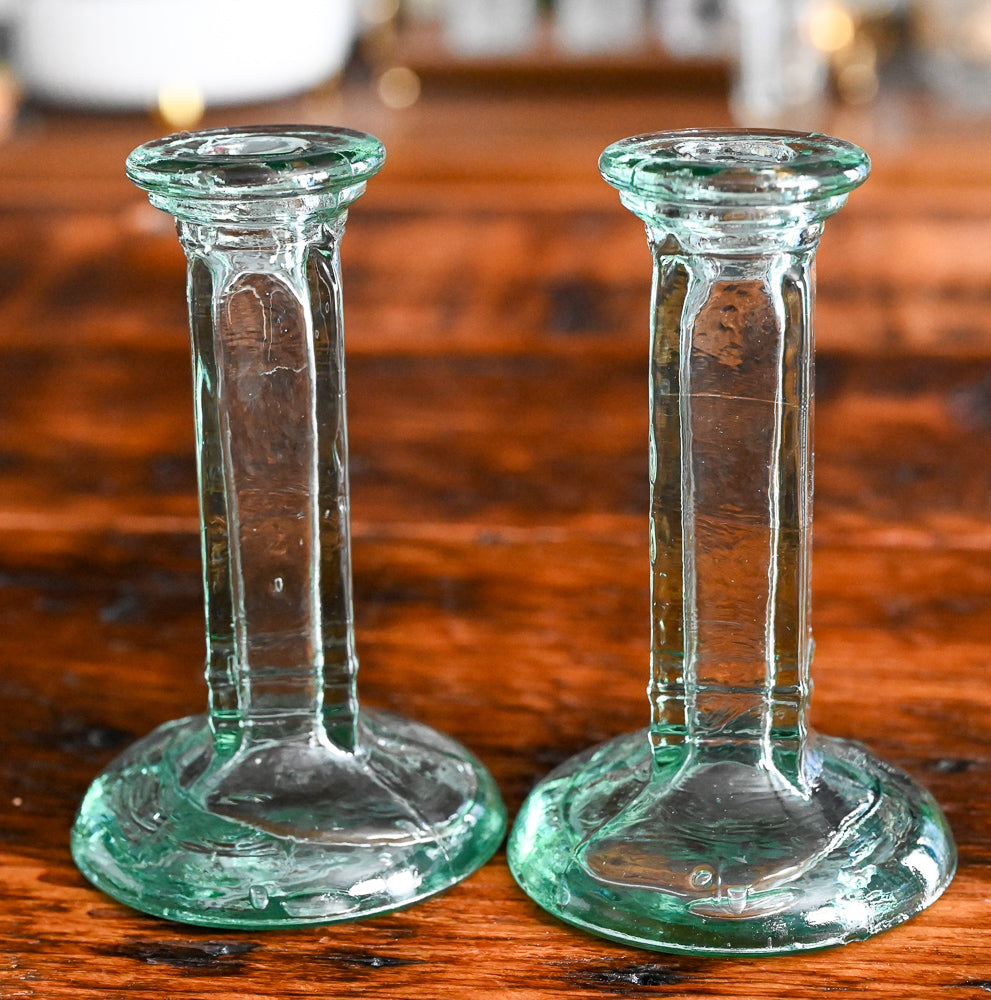 blue glass tall candlesticks