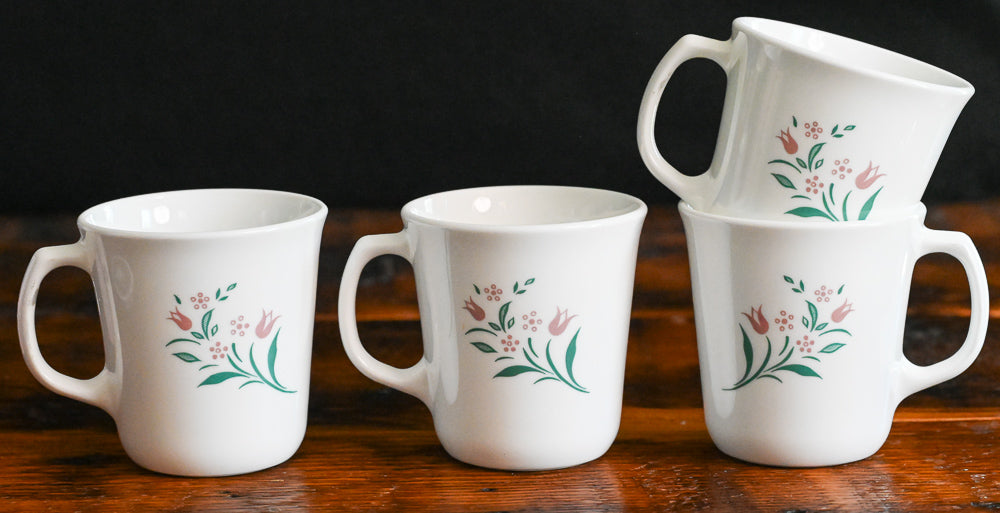 Corelle Rosemarie pattern pink tulip mugs