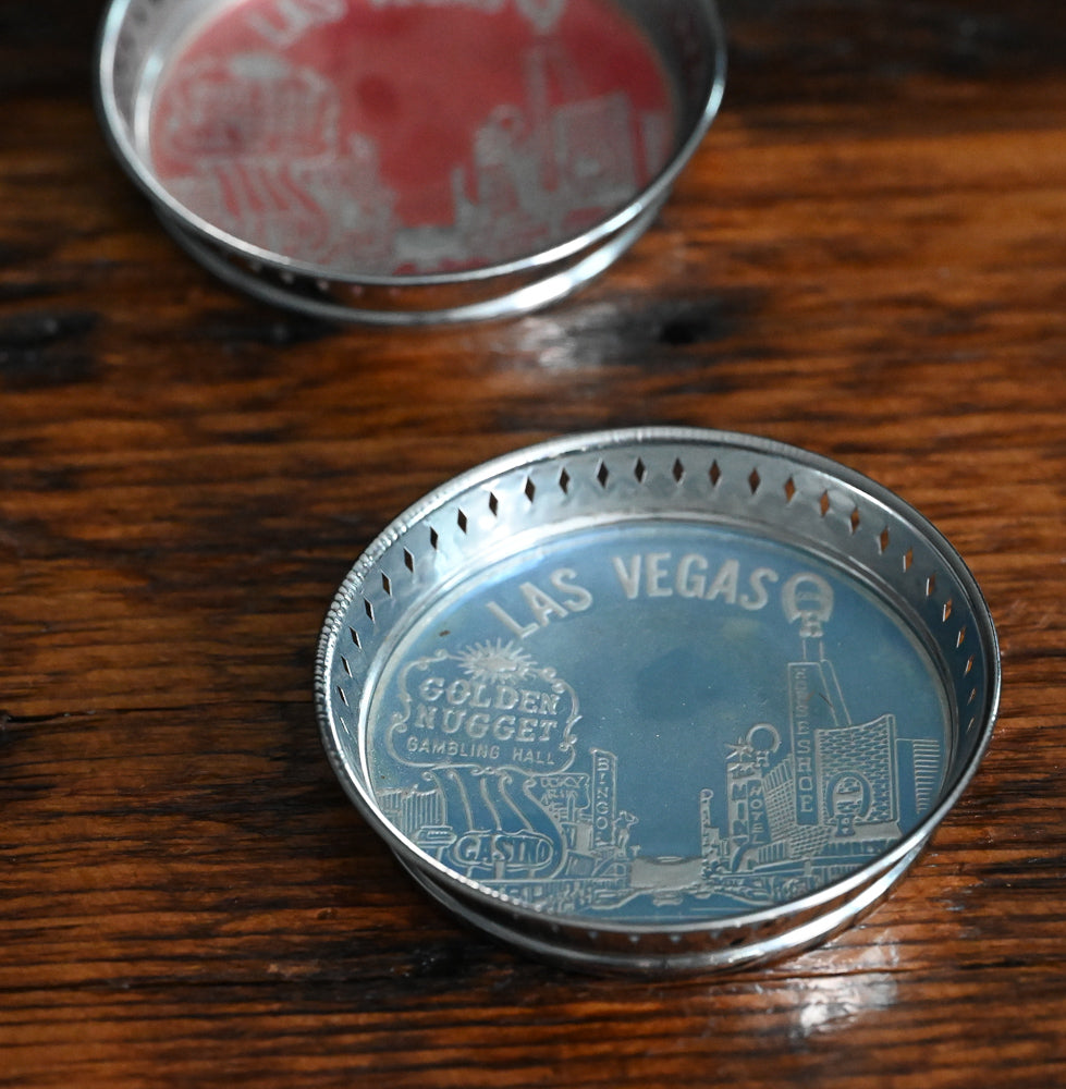 red and blue Las vegas metal souvenir coasters