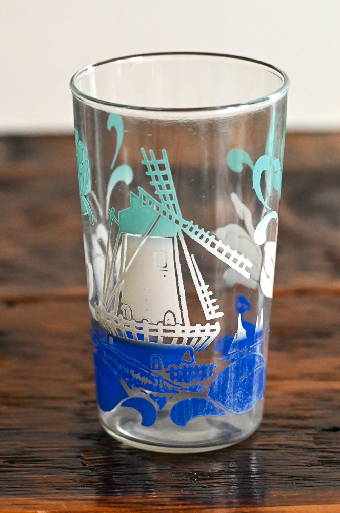 Light blue, white and blue flowers and windmill pattern glass