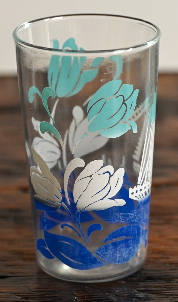 Light blue, white and blue flowers and windmill pattern glass