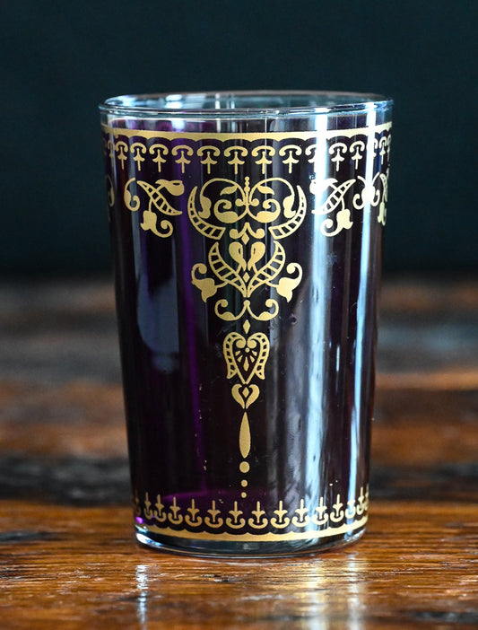 purple and gold print Moroccan tea glasses