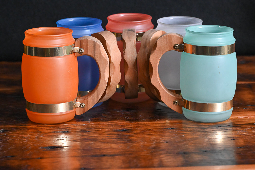 rainbow Siestaware Barrel Mugs with wooden handles