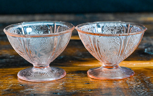 Jeannette Cherry Blossom pattern pink depression glass coupes