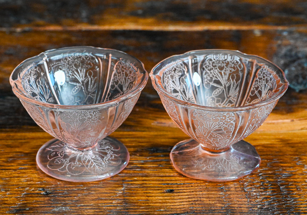 Jeannette Cherry Blossom pattern pink depression glass coupes