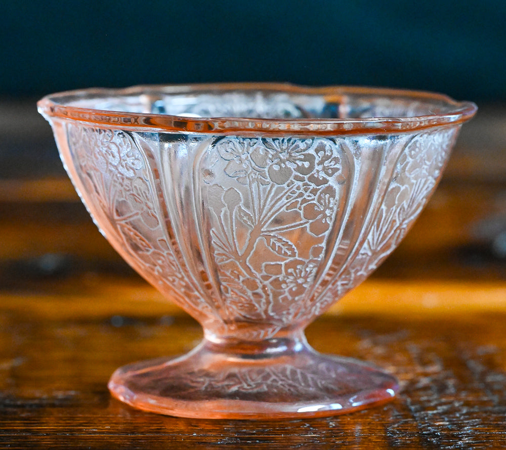 Jeannette Cherry Blossom pattern pink depression glass coupe