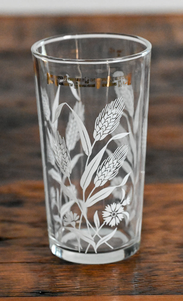 white wheat and gold rim tumbler glasses, some gold coming off