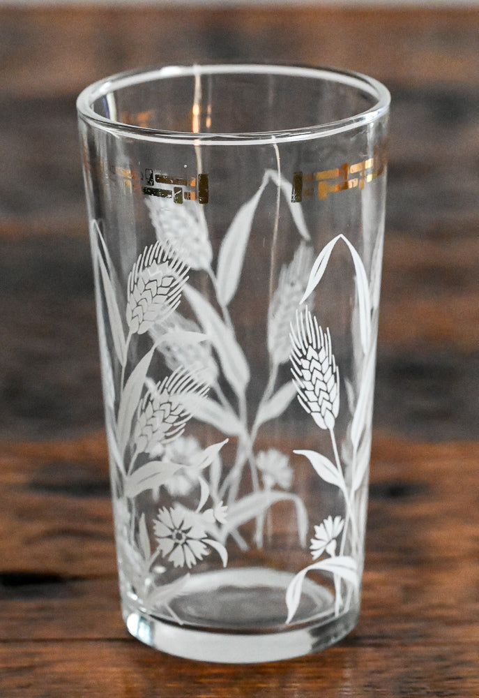 white wheat and gold rim tumbler glasses, some gold coming off