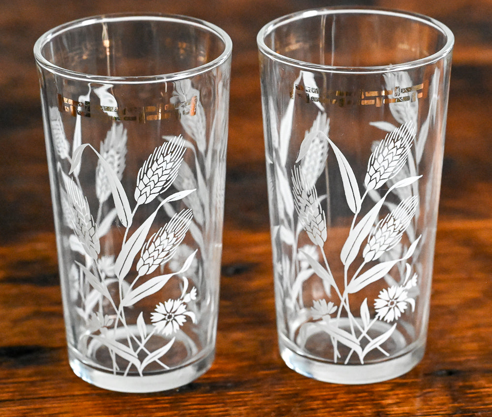 white wheat and gold rim tumbler glasses, some gold coming off