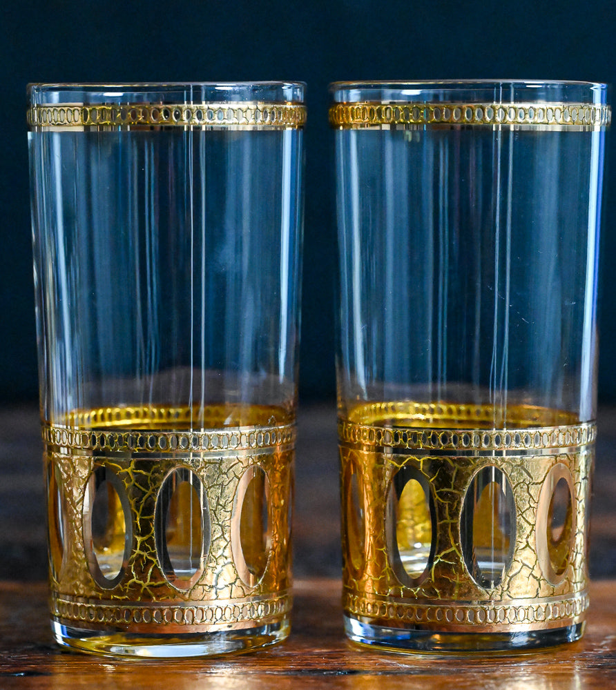 Culver Antigua 22K gold crackle print highball glasses