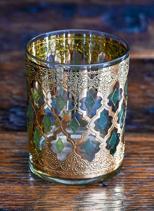 Culver Valencia 22K gold with green diamonds rocks glass