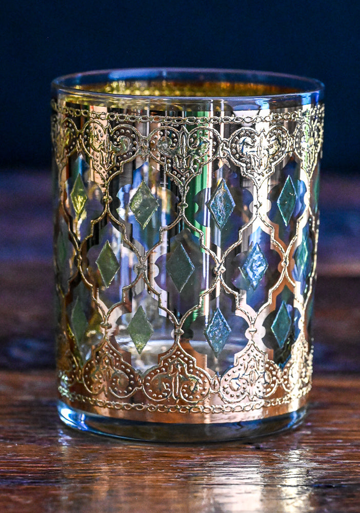 Culver Valencia 22K gold with green diamonds rocks glass