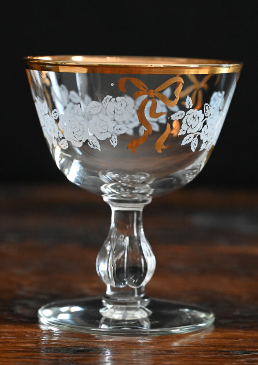Libbey gold bow and white rose cocktail coupe, gold rim