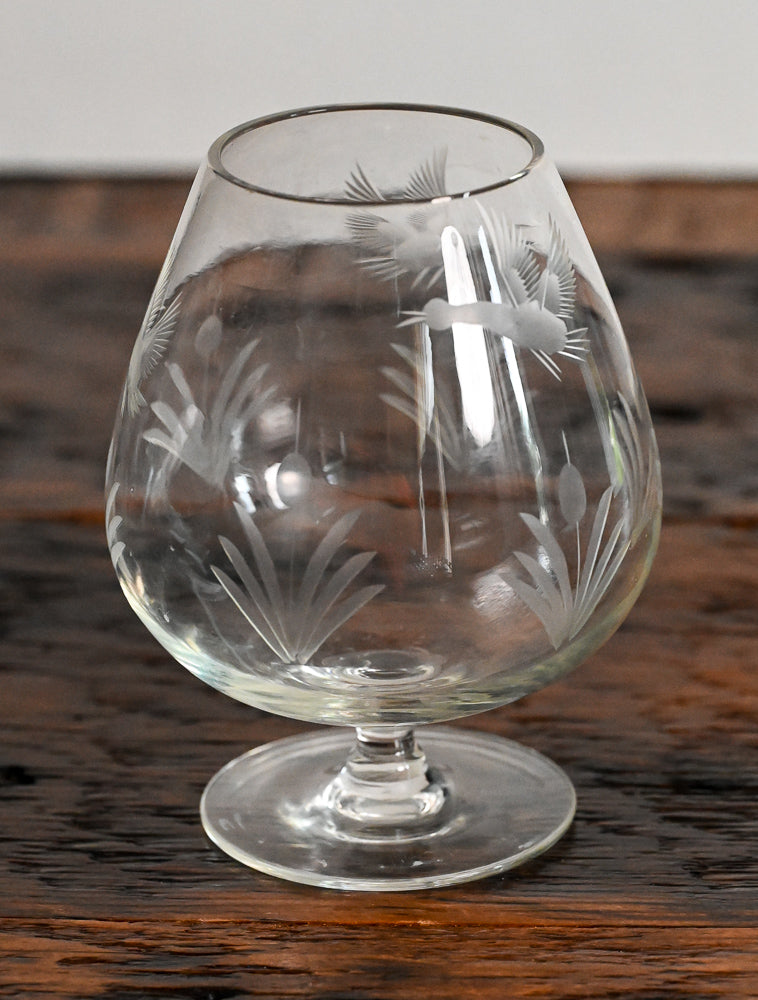 Ducks and reeds etched brandy snifter