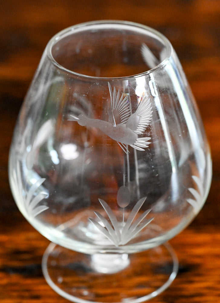 Ducks and reeds etched brandy snifter