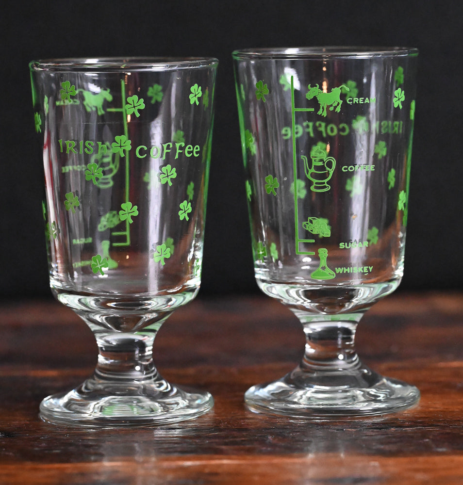 Libbey Irish Coffee footed glasses with green clovers