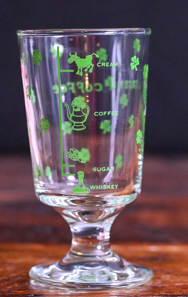 Libbey Irish Coffee footed glasses with green clovers