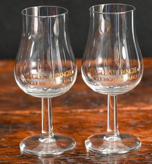 Gold lettering Glenmorangie stemmed glencairn glasses