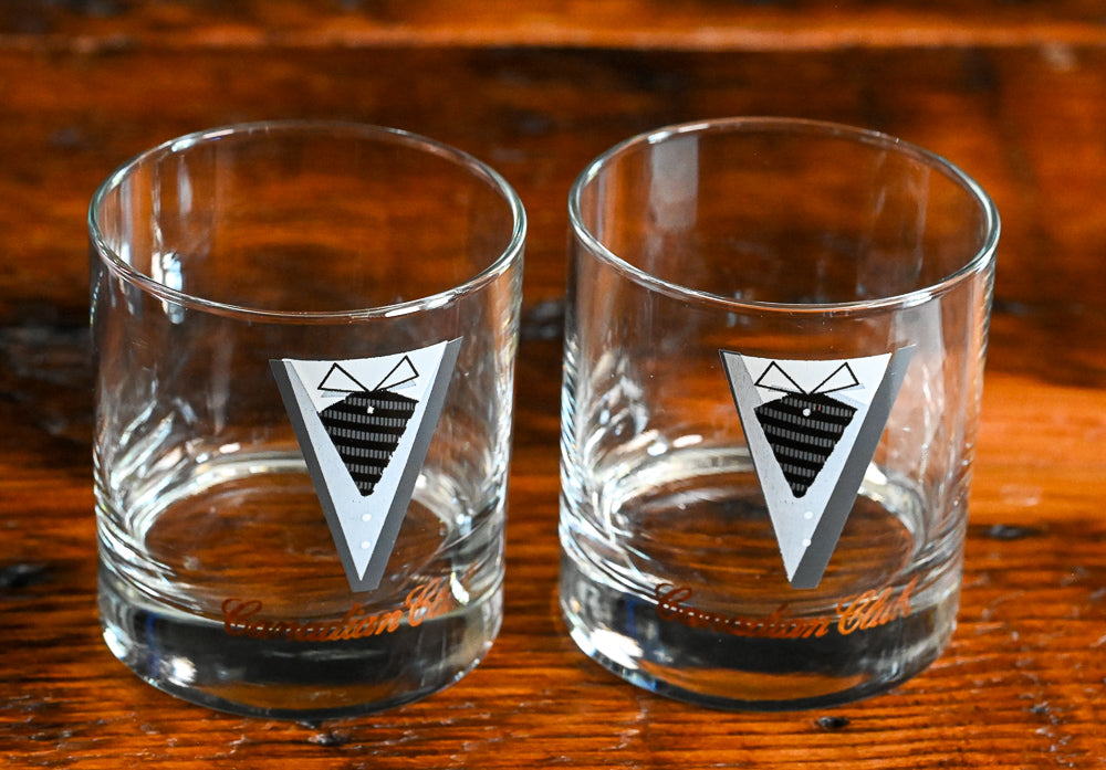 Tuxedo print Canadian Club rocks glasses