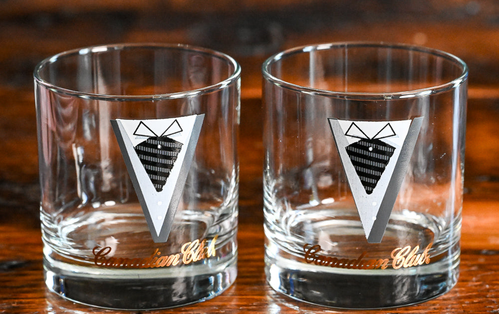 Tuxedo print Canadian Club rocks glasses