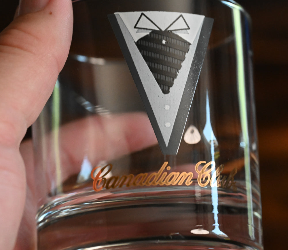 Tuxedo print Canadian Club rocks glasses