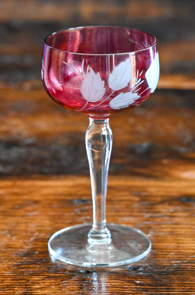 cranberry cocktail coupes with white frosted leaves