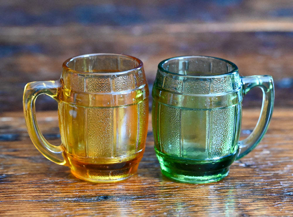 amber and green barrel shot glasses