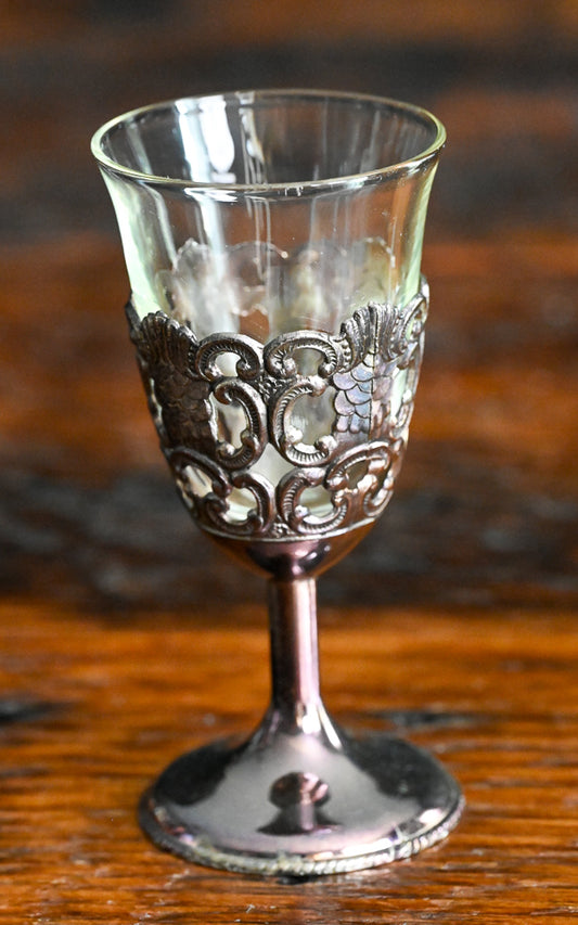 bronze metalwork caged clear cordial glasses