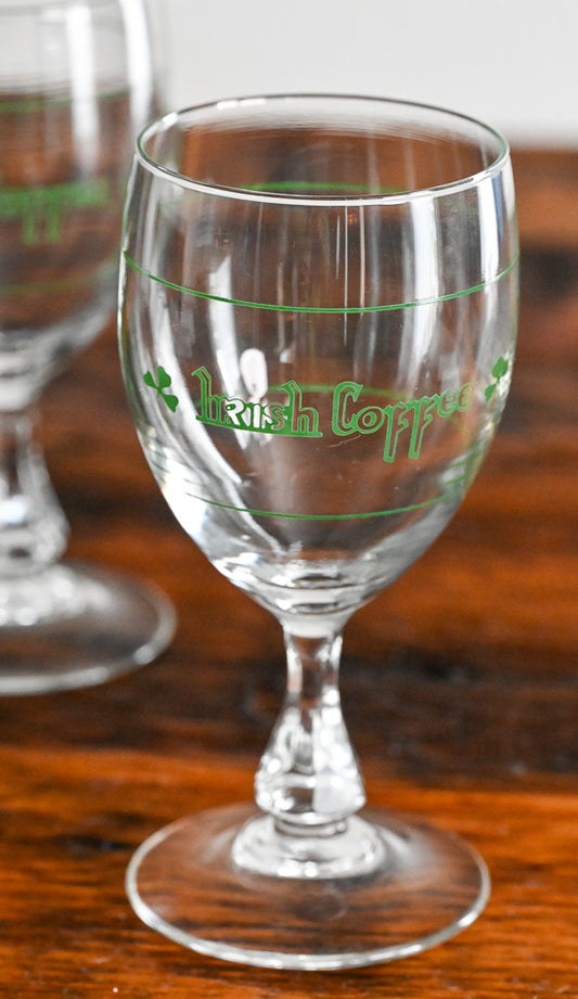 clear goblet with green "Irish Coffee" and clovers on it in green