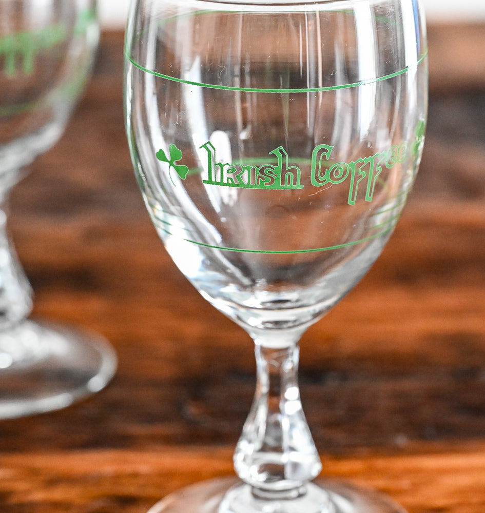 clear goblet with green "Irish Coffee" and clovers on it in green