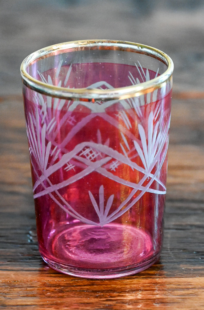 Cranberry Glass with Gold Rim. Etched Reeds
