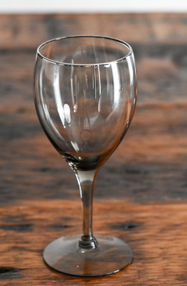 smoke gray wine glasses with silver rim