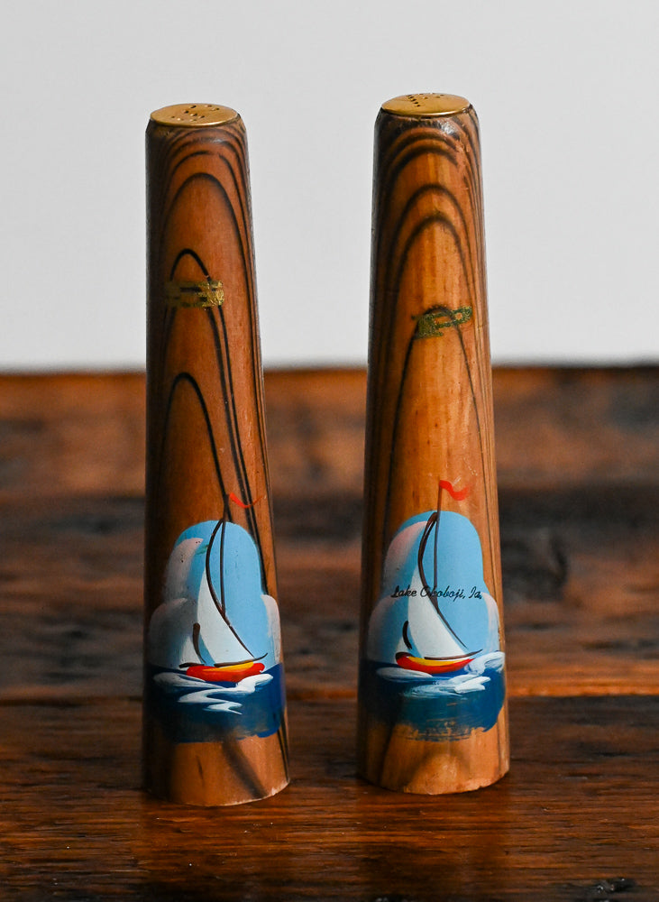 wood salt and pepper shakers Lake Okaboji boats painted