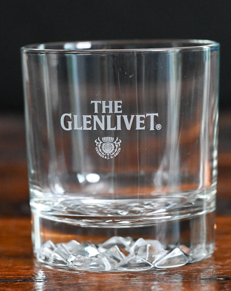 clear rocks glass with Glenlivet etched with thistle logo