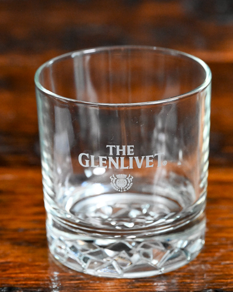 clear rocks glass with Glenlivet etched with thistle logo