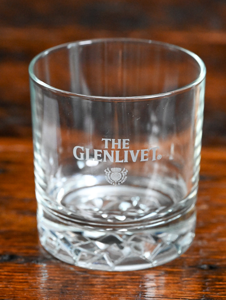 clear rocks glass with Glenlivet etched with thistle logo