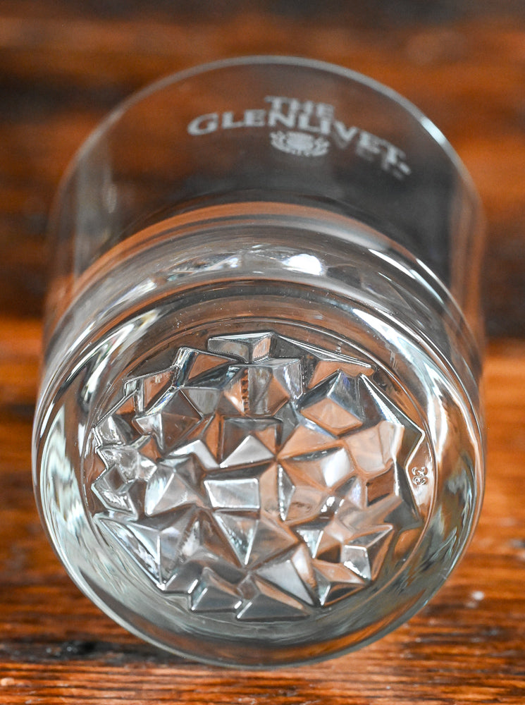 clear rocks glass with Glenlivet etched with thistle logo