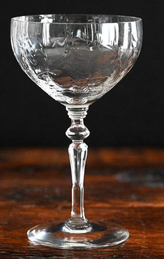 crystal flower and leaf etched cocktail coupe