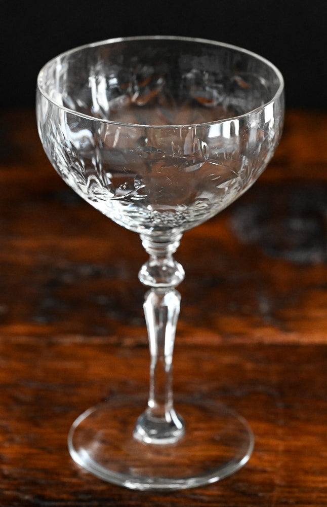 crystal flower and leaf etched cocktail coupe