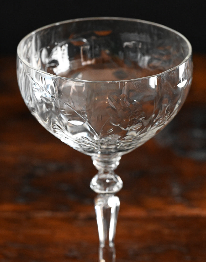 crystal flower and leaf etched cocktail coupe